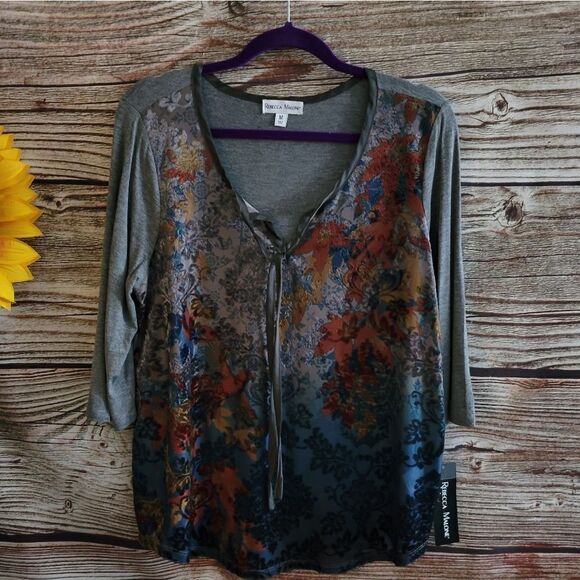 Rebecca Malone long sleeve top Women's medium Charcoal multicolored floral NWT - Picture 1 of 7